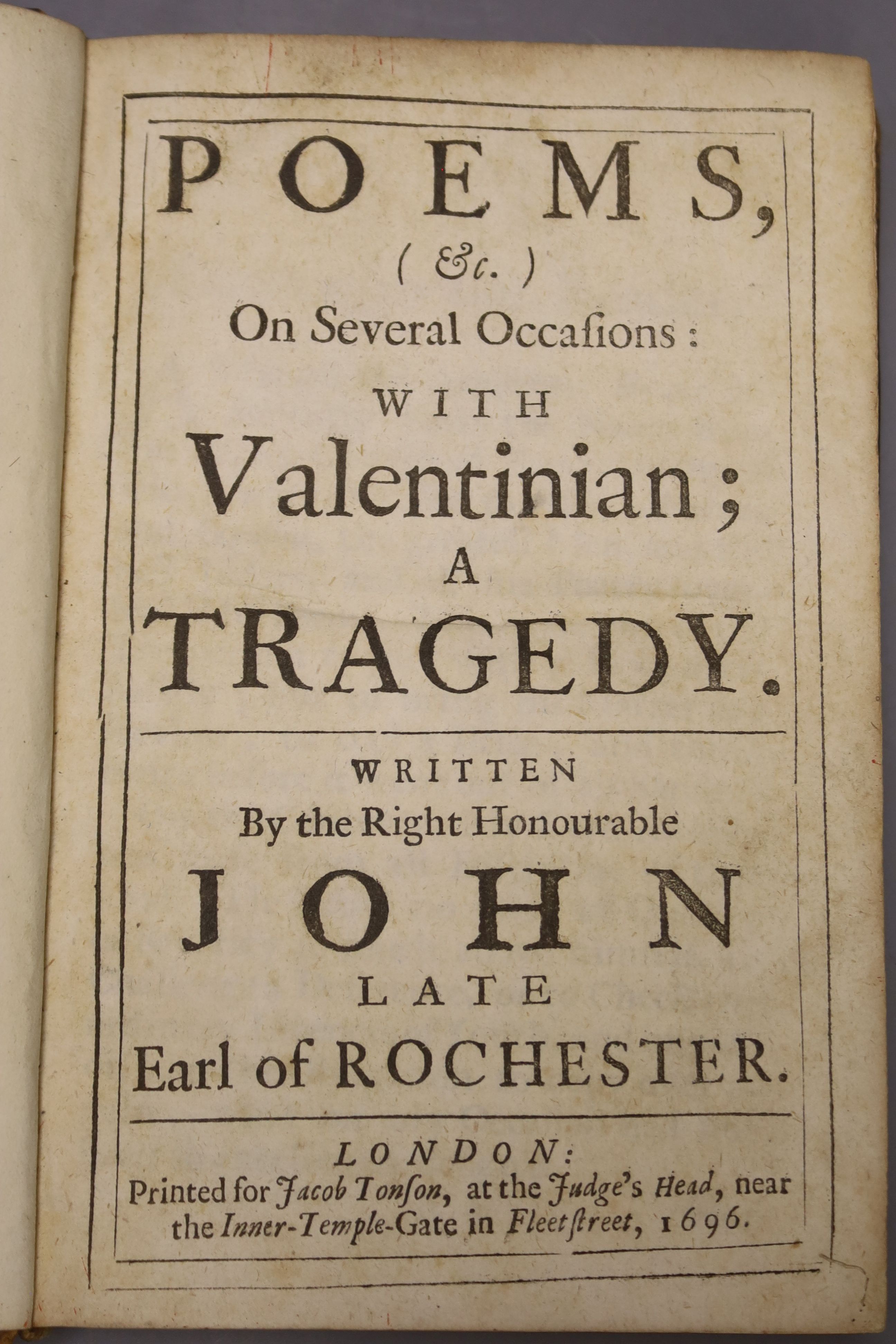Rochester, John Wilmot, Earl of - Poems, etc., On Several Occasions: with Valentinian, a Tragedy, 8vo, contemporary calf, lacking leaf